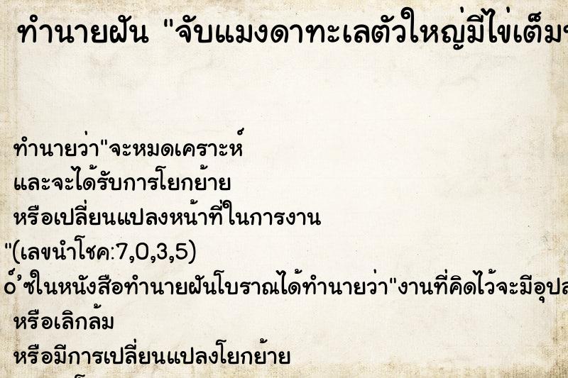 ทำนายฝันจับแมงดาทะเลตัวใหญ่มีไข่เต็มท้องคืนอาทิตย์ ทำนายฝันทำนายฝันจับแมงดาทะเลตัวใหญ่มีไข่เต็มท้องคืนอาทิตย์